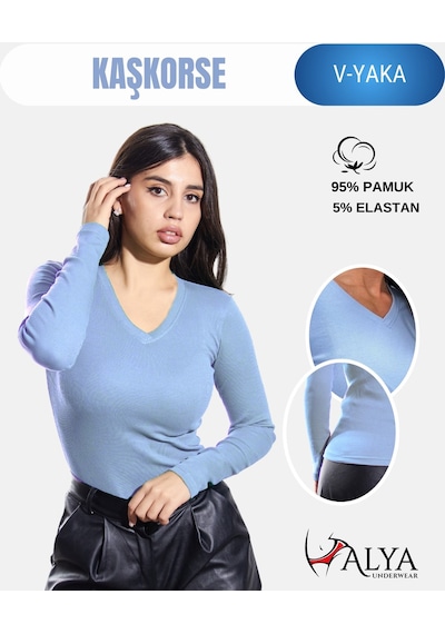Alya Underwear Pamuklu Kaşkorse V Yaka Body Sweatshirt, Fitilli Kumaş Likralı Bluz, Asker Yeşili Badi Açık Mavi