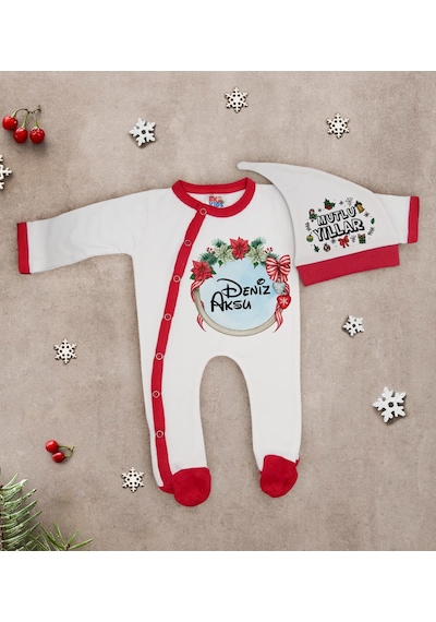 Bk Kids Bk Gift Kişiye Özel Yılbaşı Temalı Tulum Zıbın Ve Kukuletalı Şapka Seti-6 Çok Renkli