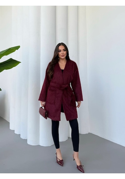 Cgx Kadın Bordo Peluş Dokulu Uzun Triko Hırka