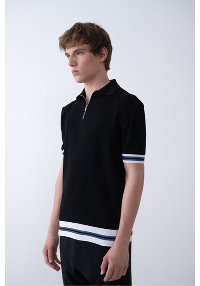 Baselco Triko Polo Yakalı T-shirt - Premium Ribana Detaylı Siyah
