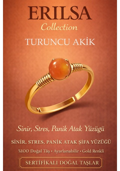 Sertifikalı Sinir Stres Panik Atak Yüzüğü Turuncu Akik Taşı Aya Çok Renkli