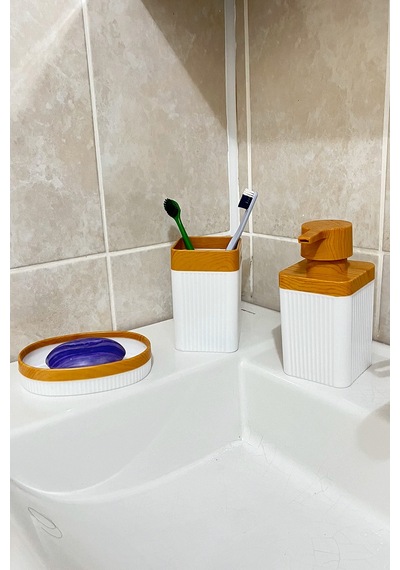 6 Parça Banyo Seti Çöp Kovası, Wc Fırça, Tuvalet Kağıtlık, Diş Fırçalık, Sıvı Sabunluk, Sabunluk Beyaz - Kahverengi
