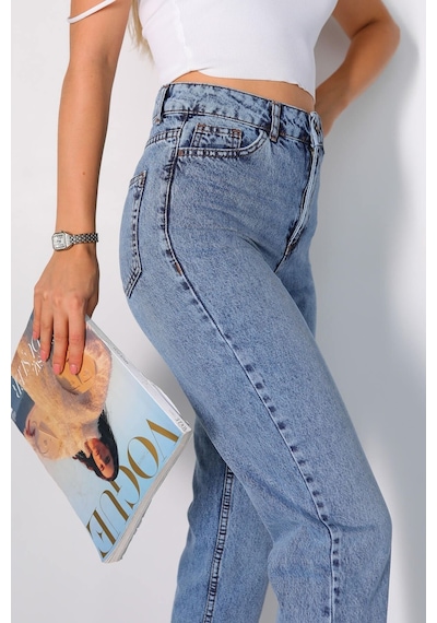Yüksek Bel Likralı Mavi Mom Jeans Kot Pantolon Mavi