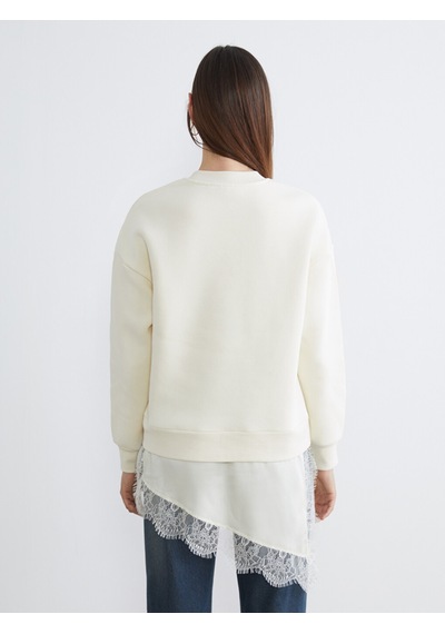 Lcw Vision Bej Dantel Detaylı Oversize Kadın Kalın Sweatshirt