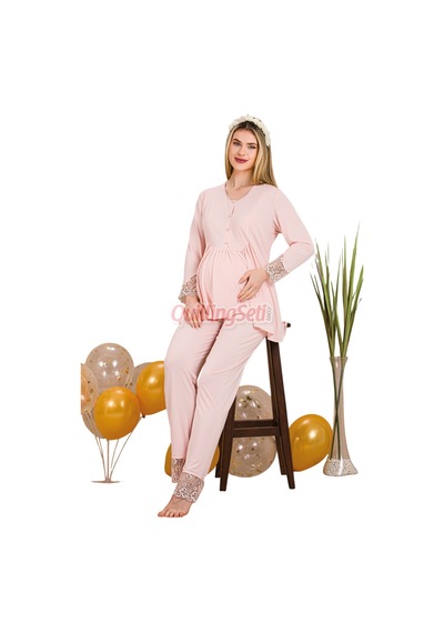 Quilling Lady Bebe Pembe Renkli Dantel Detaylı, 33204 Uzun Kol, 2 Parça Lohusa Hamile Pijama Takımı Açık Pembe M - L