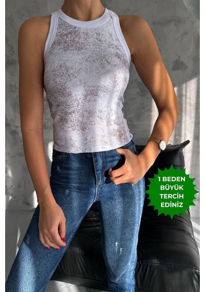 Balenbi Kadın Sim Baskılı Kolsuz Kaşkorse Body 1065 Beyaz 2
