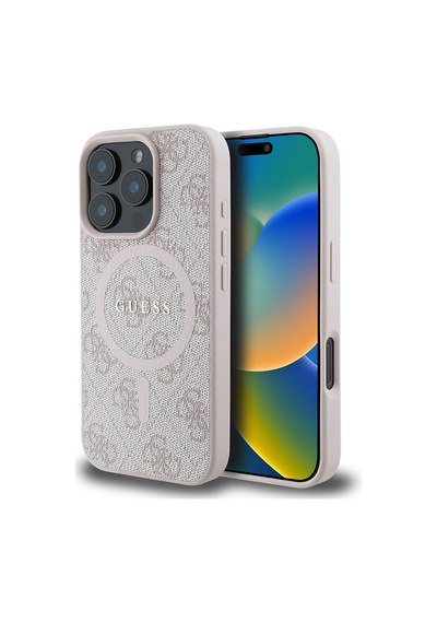 Apple Uyumlu iPhone 16 Pro Max Guess Lisanslı Halkalı Magsafe Şarj Özellikli 4g Desenli Yazı Logolu Kapak Pembe