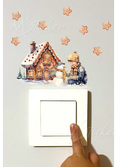 Yeni Yıl Kış Evi Yılbaşı Kış Konseptli Sticker Yılbaşı Süsü Noel Kış Konseptli Priz Sticker Süsü Dijital Baskı