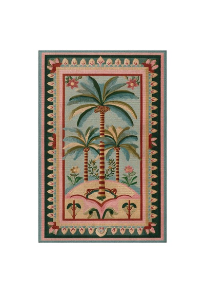 Palm 305 Bej Pembe Palmiye Desenli Modern Yıkanabilir Mutfak Ev Oda Salon Oturma Odası Halısı Pembe Yeşil 5