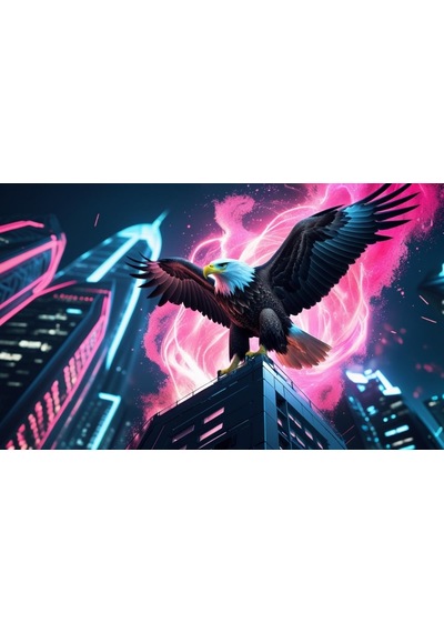 Kartal Fütüristik Bir Şehirde Neon Parıltı Stili 04 Çerçevesiz 50x30 Cm Pvc Tablo