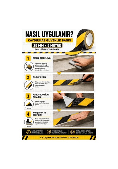 Kaydırmaz Güvenlik Bandı 25 Mm X 5 Metre Sarı Siyah Güçlü Yapışkanlı Merdiven Rampa Zemin Kaydırmaz