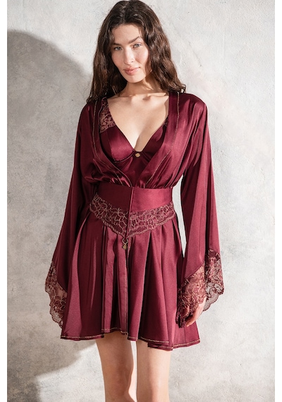 Brigette Bordo Altın Detaylı Dantel Detaylı Kısa Saten Sabahlık / Kimono