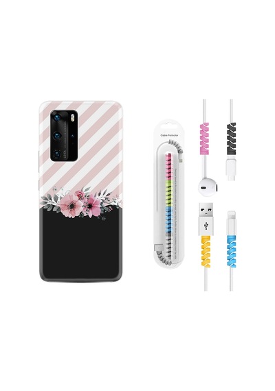 Huawei P40 Pro Kılıf Kablo Koruyuculu Strip Pink Flowers 1396