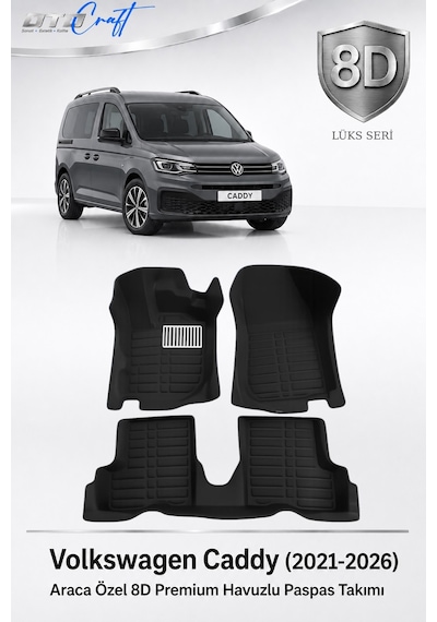Otocraft Volkswagen Caddy 2021-2026 Araca Özel 8d Havuzlu Oto Paspas Takımı Siyah Tam Set 3 Parça