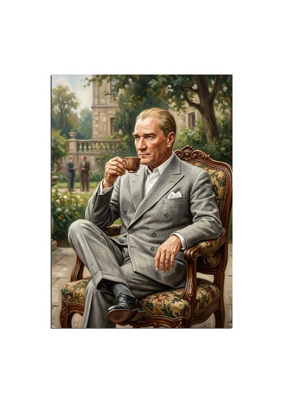 Bahçede Çay İçen Atatürk Dekoratif Kanvas - Mdf Ahşap Tablo
