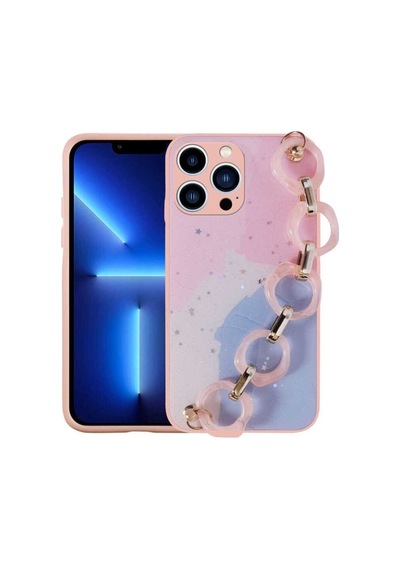 Apple Uyumlu iPhone 13 Pro Kılıf Simli Desenli El Askılı Tutacaklı Zore Elsa Silikon Kapak Pembe