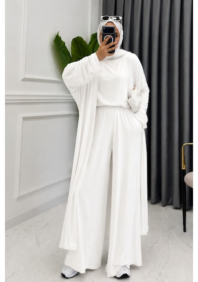 Balenbi Kadın Viskon Penye Uzun Hırka Bluz Geniş Paça Pantolon Abaya Takım 3791 Beyaz