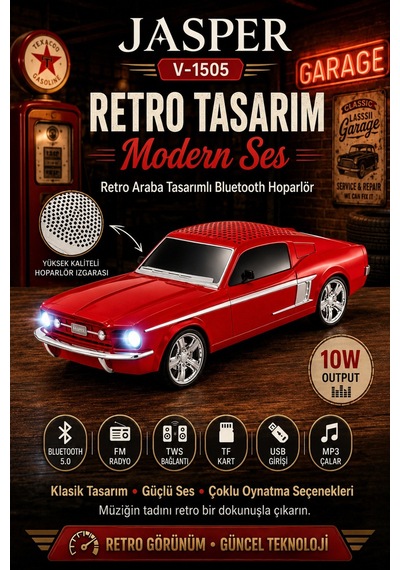 Jasper Jpr-1505 Kırmızı 10w Bluetooth Hoparlörlü Retro Araba Tasarım Fm Radyo, Usb, Tf Kart, Aux Ve Mp3 Ç