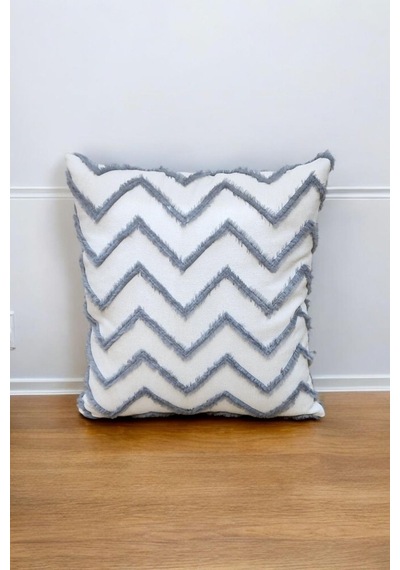 Modern Chevron Zigzag Püsküllü Kırlent Kılıfı Krem Gri Renk - 43x43cm Gri