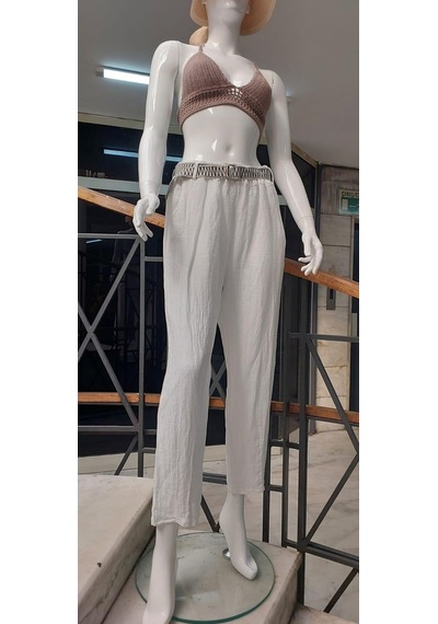 Eren Style İtalyan Kemerli Keten Pantolon-9260 Beyaz