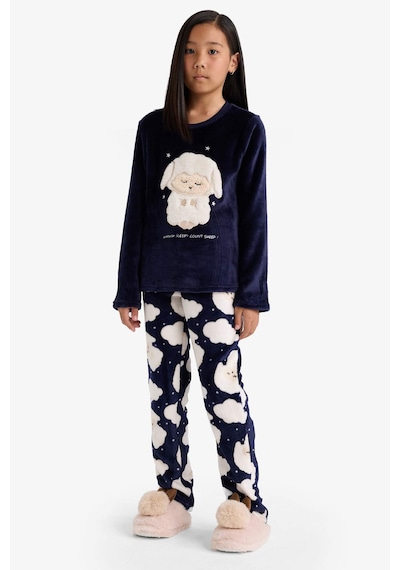 Defacto Pijama Takımı Pelüş Baskılı Uzun Kollu Üst Desenli Uzun Alt Kız Çocuk D1083A824WN Lacivert
