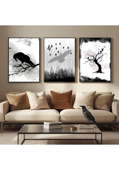 Besay Modern Kuzgun Ve Kuş Temalı Poster Seti Gotik Gizemli Duvar Dekorasyonu Siyah Beyaz Karga Ve Dal Tasarımlı Poster 3