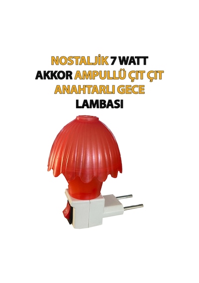 Nostaljik Mantar Tip Gece Lambası Kendinden Fişli Çıt Çıt Anahtarlı 7 Watt Akkor Ampullü Kırmızı