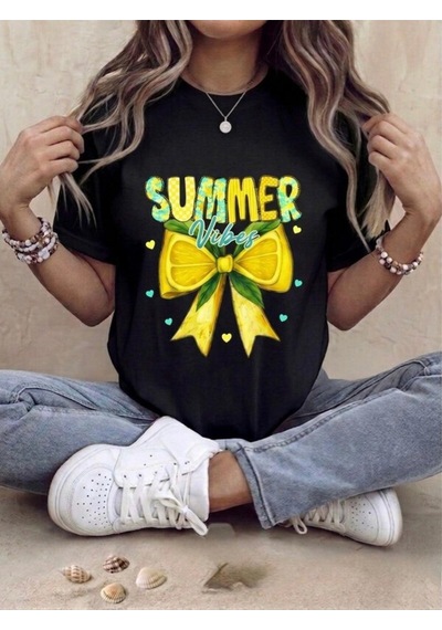 Sarı Limon Ve Fiyonk Baskılı Oversize Kompak T-shirt Siyah