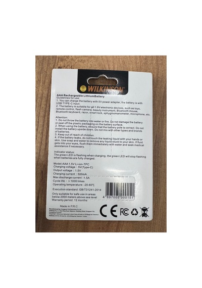 Şarjlı İnce Pil 1.5v Aaa Şarj Edilebilir Lityum Pil 925mwh Usb-c Girişli, 2 Li Paket Şarj Kablolu