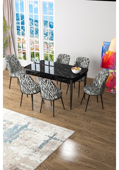 Canisa Kor Serisi 70x114 Açılabilir Mutfak Masası Takımı Siyah Mermer Desen Masa 6 Zebra Desen Sandalye Masa Siyah Mermer Desen Sandalye Zebra Desenli Canisa Kor Serisi 70x114 Açılabilir Mutfak Masası Takımı Siyah Mermer Desen Masa 6 Zebra Desen Sandalye Masa Siyah Mermer Desen Sandalye Zebra Desenli