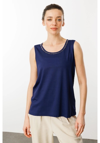 Desen Triko Kadın Sıfır Yaka Yakası Taşlı Askılı T-shirt 25755 Lacivert Lacivert