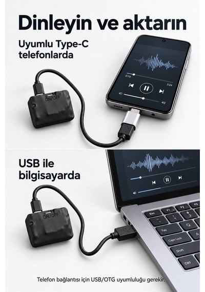 32 Gb Mini Ses Kayıt Cihazı 20 Güne Kadar Kesintisiz Kayıt, Sese Duyarlı, Kulaklık Ve Type-c Otg