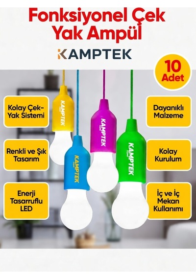 Kamptek Fonksiyonel Çek Yak Ampul 10'lu Paket - Renkli Pille Çalışan Portatif Led Işıldak Lamba Renkli