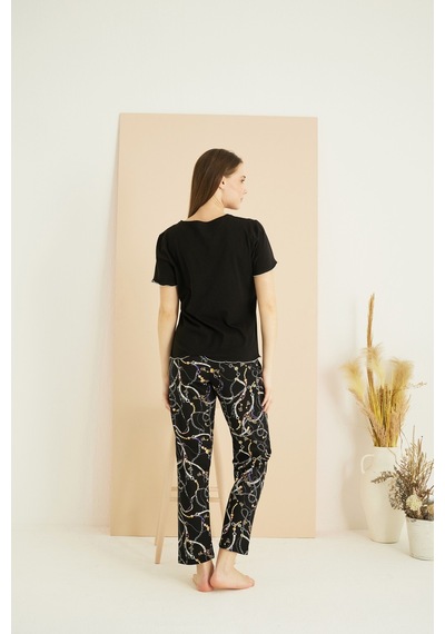 Siyah İnci Pamuklu Bisiklet Yaka Örme Pijama Takım25103221 Siyah
