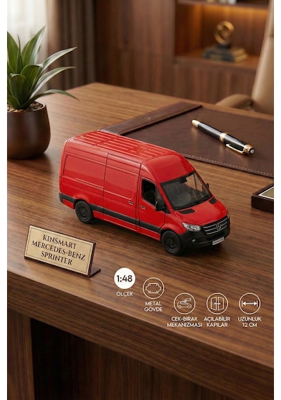 Kinsmart Mercedes-benz Sprinter 1:48 Ölçek Metal Çek Bırak Oyuncak Minibüs - Kırmızı Model Araba