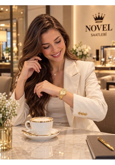 Novel Orjinal Elite Beyaz Taşlı Çerçeve Kadın Saati Metal