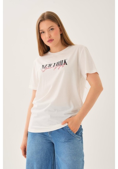 Alexandergardi Oversize Geniş Kalıp Bisiklet Yaka Baskılı T-shirt Beyaz