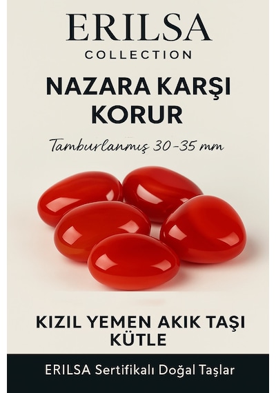 Sertifikalı Doğal Kızıl Yemen Akik Taşı Kütle Tamburlanmış 30-35 Mm Nazar Ve Enerji Taşı