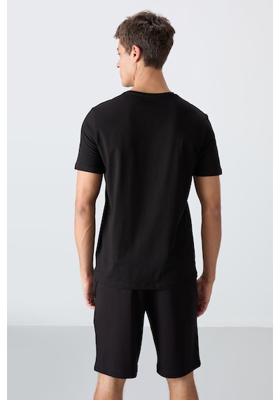 Tommy Life Siyah Pamuklu Yumuşak Dokulu Standart Fit Baskılı Erkek Şortlu Takım - 85243