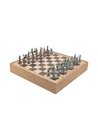 Gifthome Orta Boy Metal Yunan Mitolojisi Satranç Tk. Antik Ve Rustik Desenli Sandıklı Mdf Tahtası 36x36 Cm.