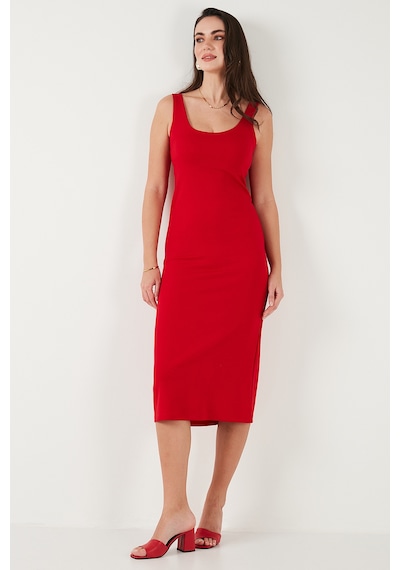 Lela Slim Fit Kalın Askılı Midi Bayan Elbise 5866154 Kırmızı