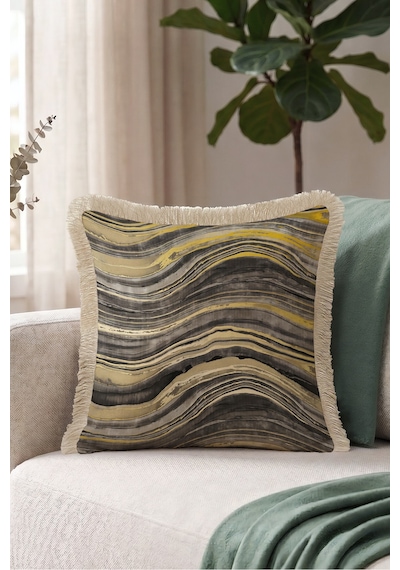 Mermer Motifli Soyut Saçaklı Yastık Kılıfı - Dalgalı Modern Gold Krem Püsküllü Kırlent Kılıfı Bej