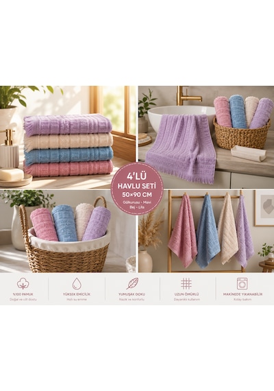 4'lü El Ve Yüz Havlusu Seti 50x90 Cm Pamuklu Yumuşak Dokulu Yüksek Su Emici Günlük Kullanım Premium Kalite Bej