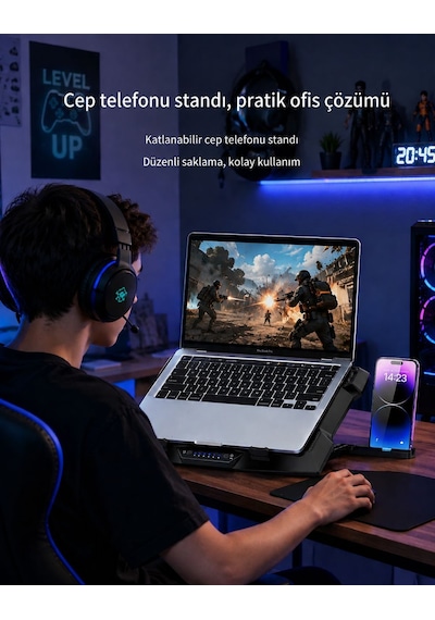 Techtic 8 Fanlı 18-11inç Rgb Işıklı Notebook Laptop Soğutucu Fan Yükseklik Ayarlı