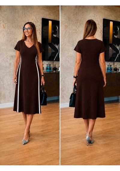 Alyn Wear Kadın Kısa Kollu V Yakalı Yanları Şerit Detaylı Viskon Iki Iplik Midi Elbise Kahverengi