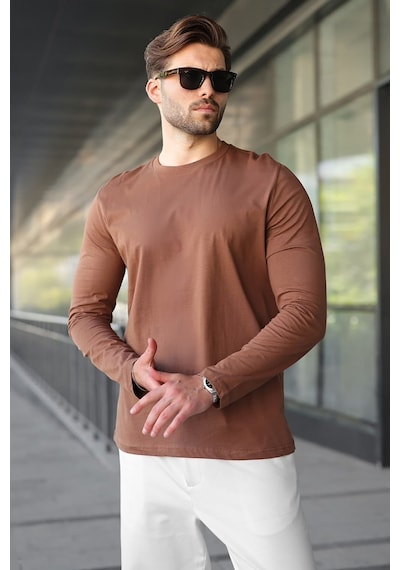 Madmext Kahverengi Pamuklu Slim Fit Erkek Tişört E7187