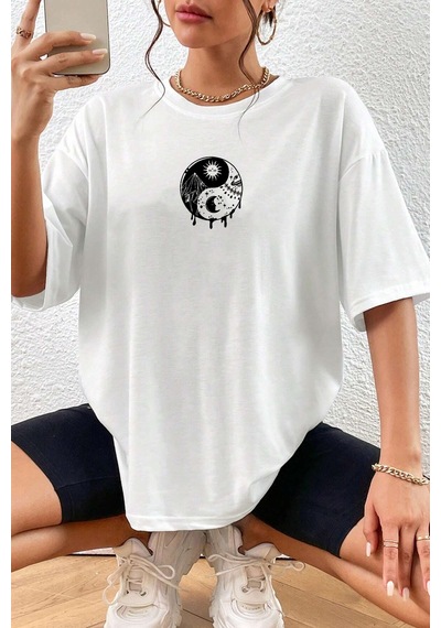 Unisex Yin & Yang Baskılı T-shirt Beyaz