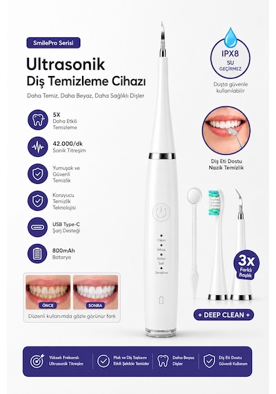 Ahm Ultrasonik Diş Temizleme Cihazı Şarjlı Diş Taşı Temizleyici Usb Type-c 42.000 Rpm Titreşimli Ultra Sonic Ipx8 Su Geçirmez 3 Başlıklı Diş Bakım Seti