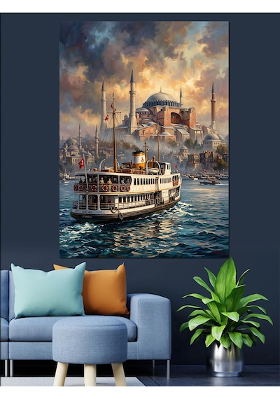 İstanbul Boğazı Vapur Ve Camii Dekoratif Kanvas - Mdf Ahşap Tablo