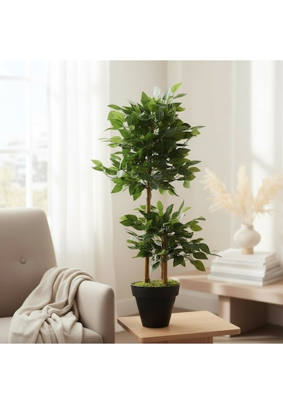 Yapay Çiçek Siyah Saksıda Benjamin Salon Balkon Ev Ağacı Yeşil Bitkisi Bambu Gövdeli Dolgun 105 Cm Yeşil